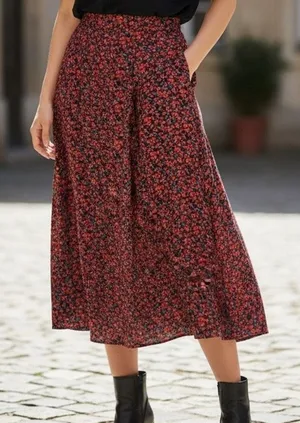 ZARA High Waisted Floral Flowy 2 Slits Preppy Midi Skirt Side Zip Up S Red Black thumbnail 1