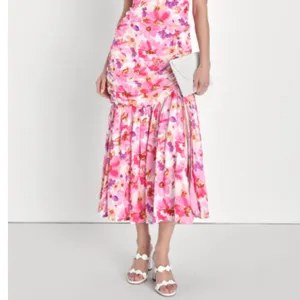 NWT Lulus Flourishing Favorite Floral Ruched Maxi Skirt Large IVORY/ PINK PURPLE thumbnail 5