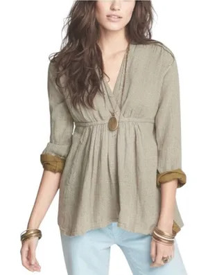 FREE PEOPLE V-Neck Blouse-Tunic Women M Olive Coastal Boho Cottage Western City thumbnail 1