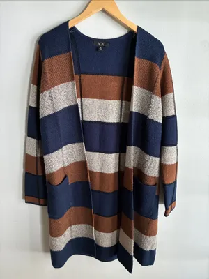 BCX Color Block Long Cardigan Sweater Womens M Open Front Navy Brown Boho Fall thumbnail 1