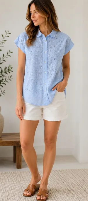 Gap Eyelet Blouse Womens L Light Blue Embroidered Button Front Cap Sleeve Top thumbnail 1
