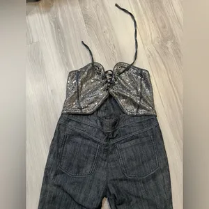 Sequin Denim Overalls‎ Gray Size L thumbnail 3