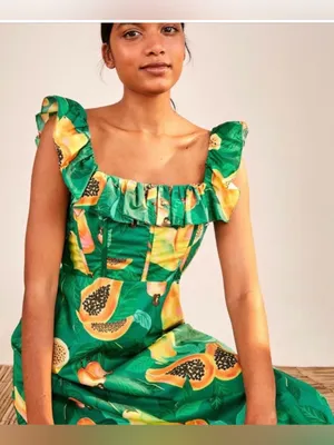Farm Rio Green Papaya Salad Midi Dress Sz Small Floral Tropical Vacation Resort thumbnail 3