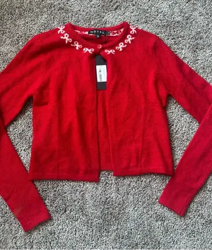 Motel Rocks Red Cropped Cardigan with White Bow Detail thumbnail 1