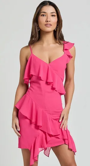 Showpo Zaria Mini Dress Women 14 Hot Pink Asymmetric Ruffle Barbiecore Cocktail thumbnail 1