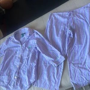 Ralph Lauren Two Piece Pajama Set Purple Green Striped Size Small thumbnail 4