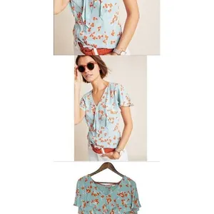Maeve Anthropologie Blouse Womens‎ 4 Blue Excellent Cherry Print Ruffle Cape Top thumbnail 2