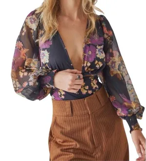Free People Wanderlust Bodysuit Black Combo Size L thumbnail 1