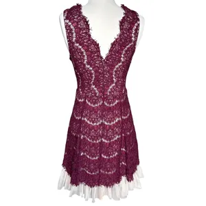 Trixxi Burgundy Lace Fit Flare Mini Dress XL V-Neck Eyelash‎ Lace Tulle Hem thumbnail 3
