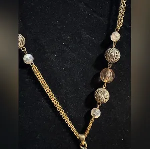 Long Layered Gold Tone Beaded Cross Rhinestone Necklace thumbnail 3