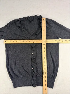 Ann Taylor Petite Women’s Ruffle Trim Button Front Cardigan Heather Charcoal Sma thumbnail 2