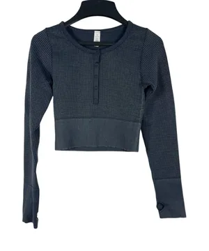 OFFLINE Aerie XS Main Squeeze Waffle Crop Top Gray Henley Long Sleeve Thumbholes thumbnail 1