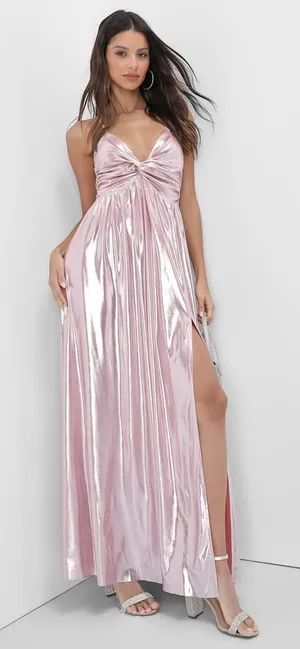 NWT Lulu’s Fabulous Finesse Light Pink Metallic Twist Front Maxi Dress Size XXS thumbnail 1