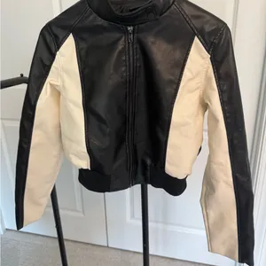 Women's Black and Cream Faux Leather Bomber Jacket thumbnail 2
