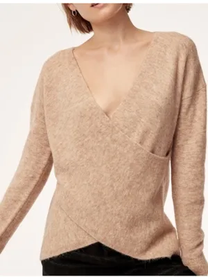 ARITZIA The BABATON Grouo Bandinj‎ Wrap Cross Front V neck Sweater in Tan thumbnail 1