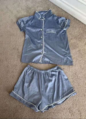 Blue slate Satin Short-Sleeve Pajama Set with Contrast Trim thumbnail 1