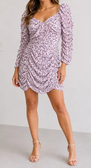 NICHOLAS Floral Ruched Mini Dress Size 4 Pink Purple Puff Sleeve Sweetheart thumbnail 1