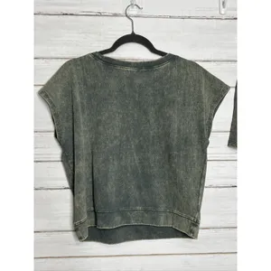 Zenana Acid Wash T-Shirt & Shorts Matching Set Small Dark Green Cotton Lounge thumbnail 6