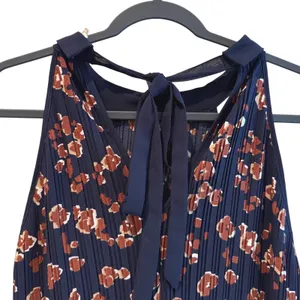 Entro Halter Blouse Navy Blue Floral‎ Pleated Boho Sleeveless Women Large thumbnail 5