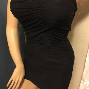 Little Black Mini Bodycon Dress | Ruched Stretch Party Club Dress | S thumbnail 5