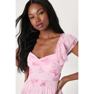 NWT Lulus Loveliest Darling Light Pink Floral Ruffled Tie-Back Midi Dress Sz L thumbnail 3
