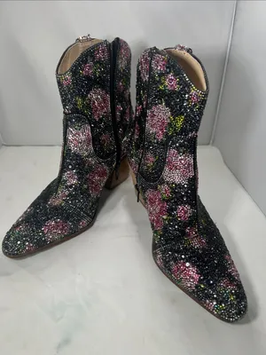 Betsey Johnson Diva Black Crystal Floral Ankle Cowboy Boots Size 6M thumbnail 10
