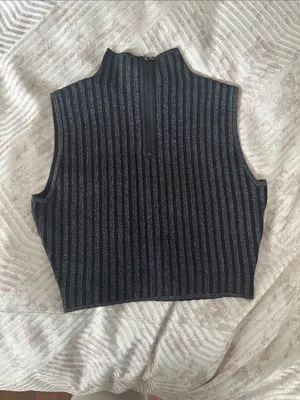 Sleeveless Metallic Black Stripe Mock Neck Crop Top thumbnail 2