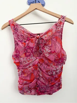 Free People Small Tell Me More Top Mesh Reversible Pink Ruch Floral Y2K Hippie thumbnail 3