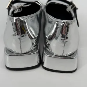 GB Silver‎ Metallic Double Strap Mary Jane Square Toe Block Heel Shoes Size 11 thumbnail 5