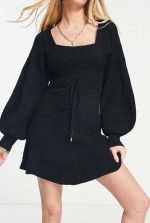 Free People Emmaline Black Square-Neck‎ Mini Dress with Balloon Sleeves medium thumbnail 1