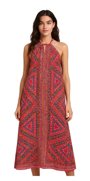 Flying Tomato Red Multicolor Geometric Halter Maxi Dress size medium thumbnail 1