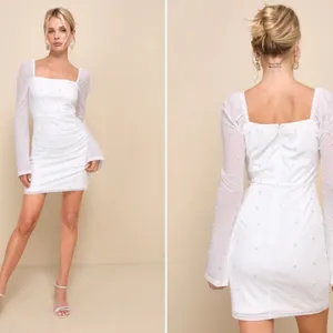 LULU's Bachelorette Engagement Bridal ELegant Sexy Pearls Bell Sleeve Mini Dress thumbnail 6