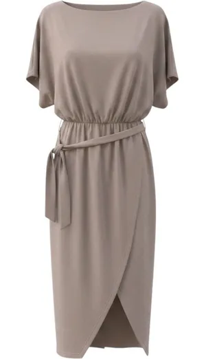 Halara Taupe Mauve Short Sleeve Elastic Waist Tie Belt Tulip Hem Midi Dress M thumbnail 1