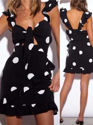 SNDYS. Morocco Mini Dress Black White Polka Dot Front Tie Cutout thumbnail 2