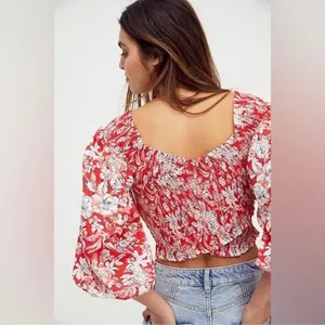 NWT Free People East to West Smocked Top in Red Floral Print Size Medium thumbnail 9