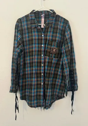 Savage X Fenty TIED UP TARTAN PJ RAW HEM SLEEP SHIRT Streetwear Comfy Medium thumbnail 1