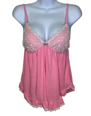 Victoria’s Secret Babydoll Pajama Tank Top Bubblegum Pink With Off White Daisy Coquette Lace Medium thumbnail 1