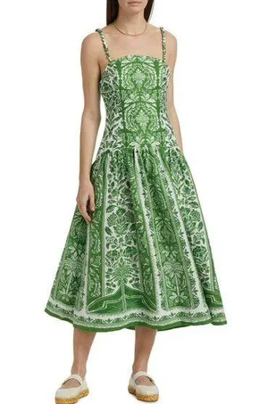 NWOT Farm Rio Floral Delicate Tapestry Linen Drop-Waist Midi Dress Size XL Green thumbnail 1