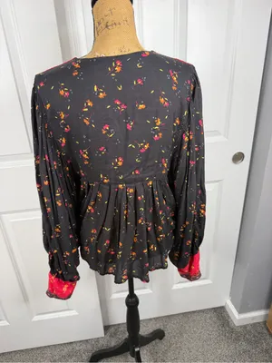 Free People Size L Black Floral Boho Embroidered Babydoll Top thumbnail 12
