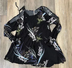 Free People Womens XS Floral Boho Tunic Dress Cold Shoulder Black Flowy Mini thumbnail 1