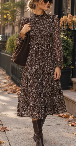 Smocked High-Neck Brown Floral Midi Dress with Long Sleeves thumbnail 1