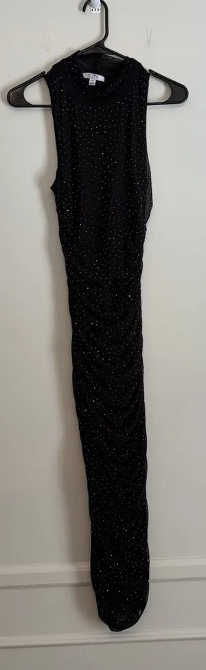 AFRM Black Mesh Mock neck Jeweled Rhinestone Midi Dress Sleeveless Small Ruched‎ thumbnail 1
