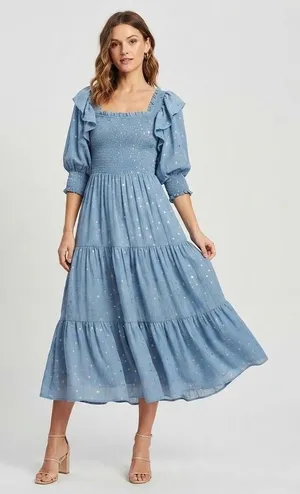 JESSAKAE smocked star gold printed dress 1XL blue event vacation casual thumbnail 1