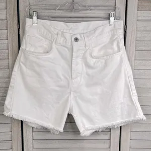 BRANDY MELVILLE (John Galt) High Rise Button Fly White Jean Shorts Frayed Hem-29 thumbnail 1