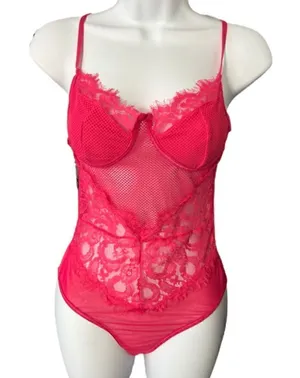 Pink Floral Lace Scalloped Sheer Lingerie Teddy Bodysuit Size S thumbnail 1