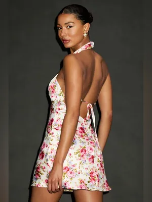 LULU’S Mayar Ivory Floral Satin Cross-Front Halter Mini Dress thumbnail 2