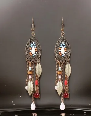 Boho Vintage Style Beaded Fringe Dangle Chain Feather Earrings *Faux Fashion Je thumbnail 14