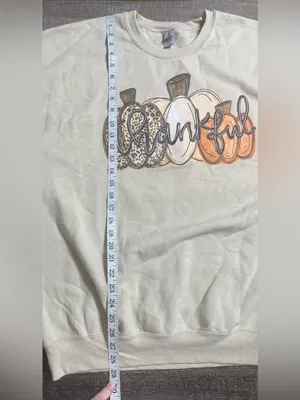 Gildan Cream Crewneck Sweater with Pumpkin 'Thankful' Graphic thumbnail 7