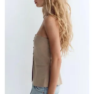 NWT Zara Checkered Plaid Covered Button Corset Strapless Top in Tan - S thumbnail 3