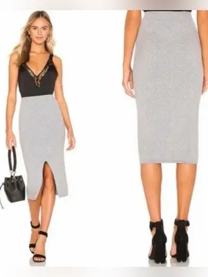Free People Skyline Midi Skirt Gray Rib Knit Front Slit High Waist Size M thumbnail 2